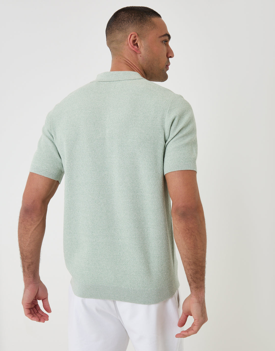 Threadbare Moss Stitch Knitted Polo in Sage Green - back view