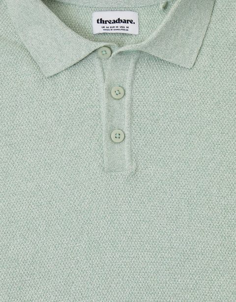 Threadbare Moss Stitch Knitted Polo in Sage Green - buttons close up