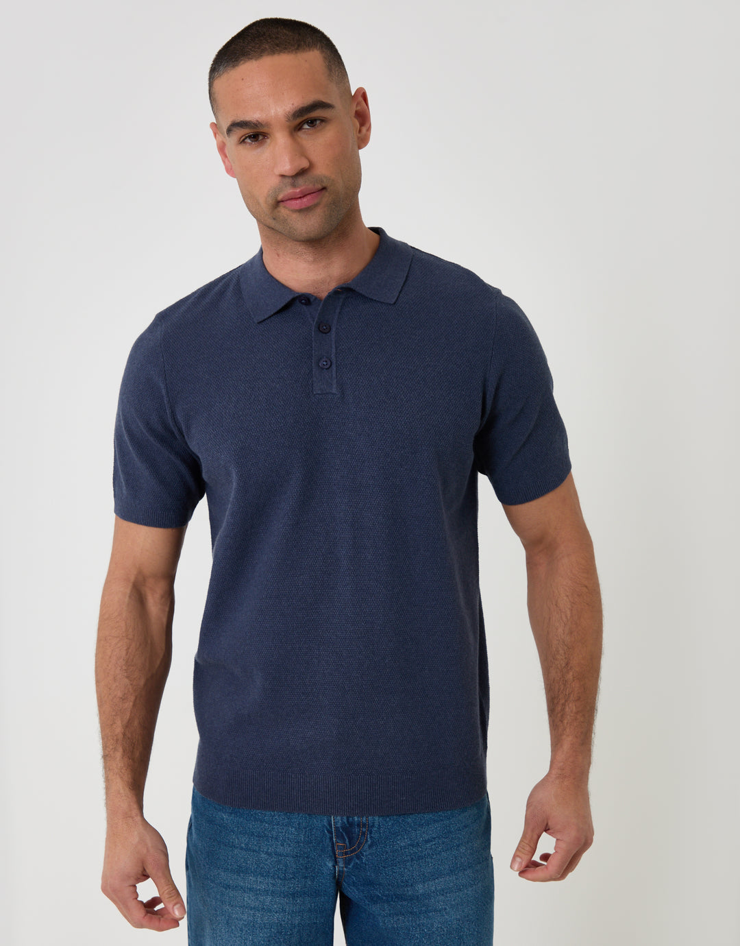 Threadbare Moss Stitch Knitted Polo in Navy - front view