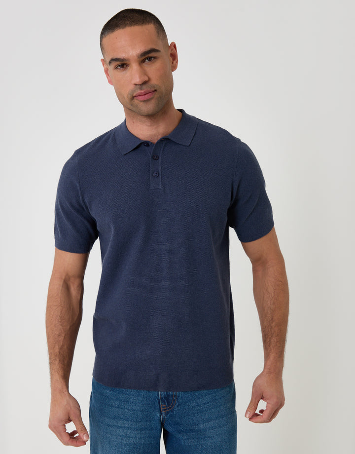 Threadbare Moss Stitch Knitted Polo in Navy - front view