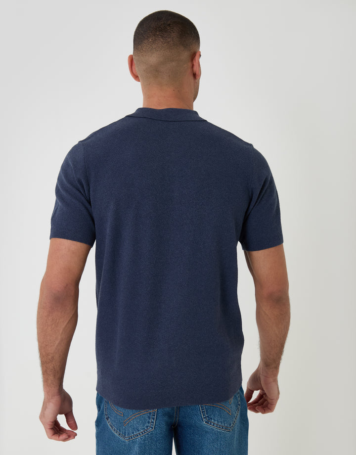 Threadbare Moss Stitch Knitted Polo in Navy - back view