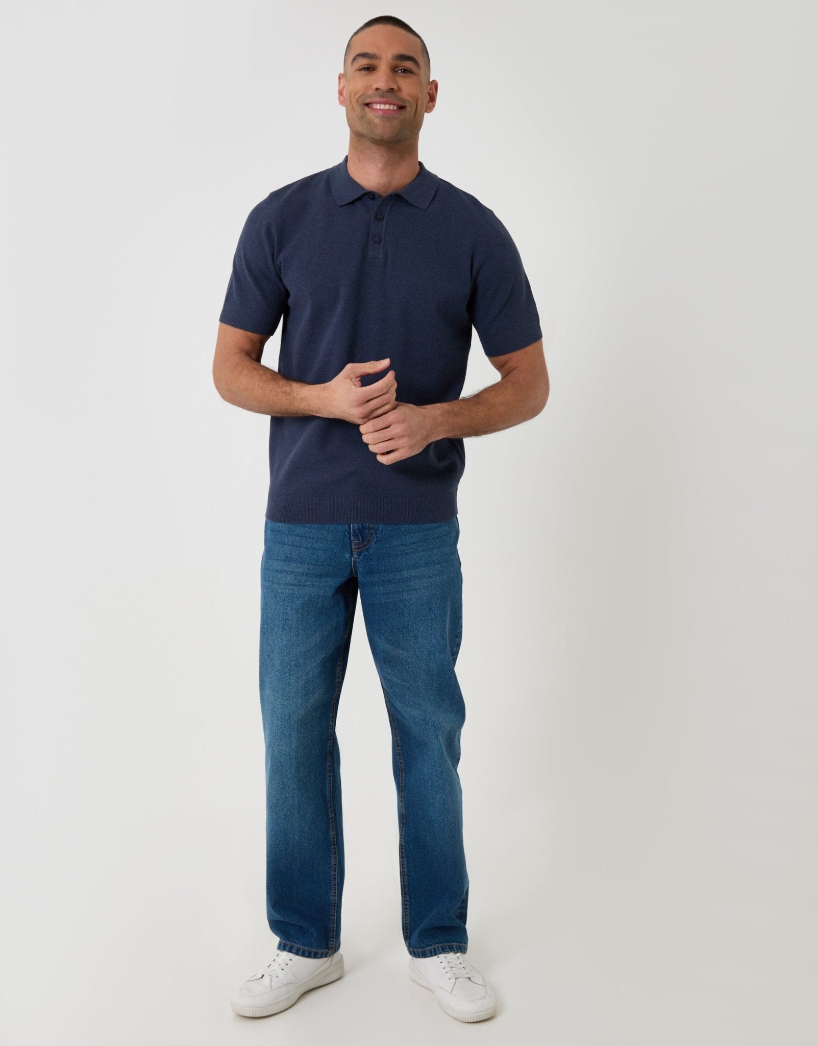 Threadbare Men's Moss Stitch Knitted Polo in Navy