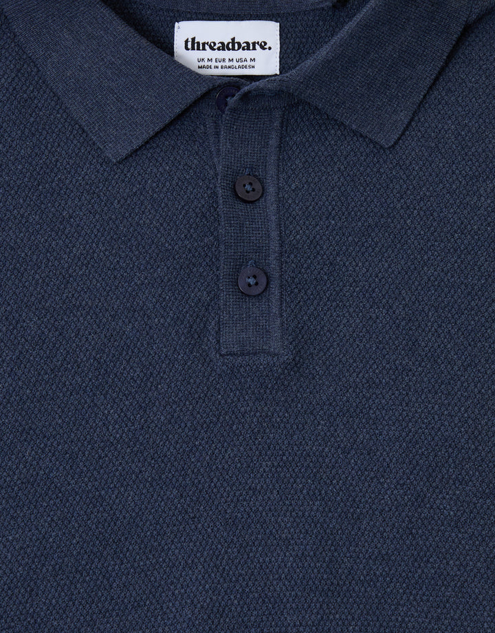 Threadbare Moss Stitch Knitted Polo in Navy - buttons close up