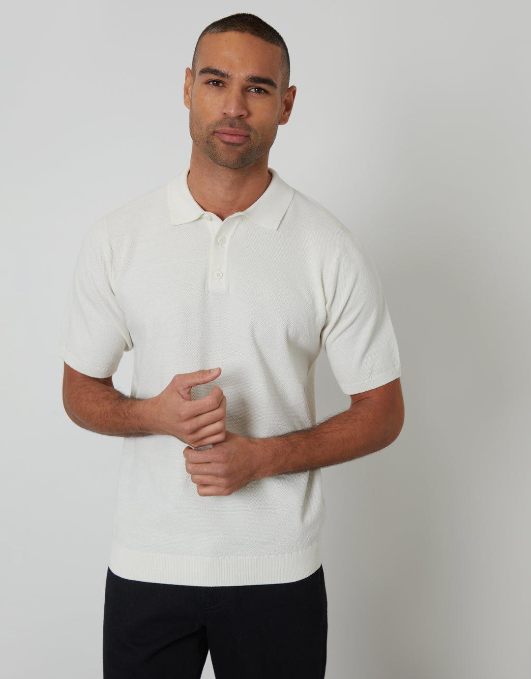 Threadbare Moss Stitch Knitted Polo in Ecru - front view