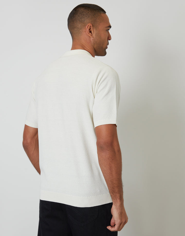 Threadbare Moss Stitch Knitted Polo in Ecru - back view