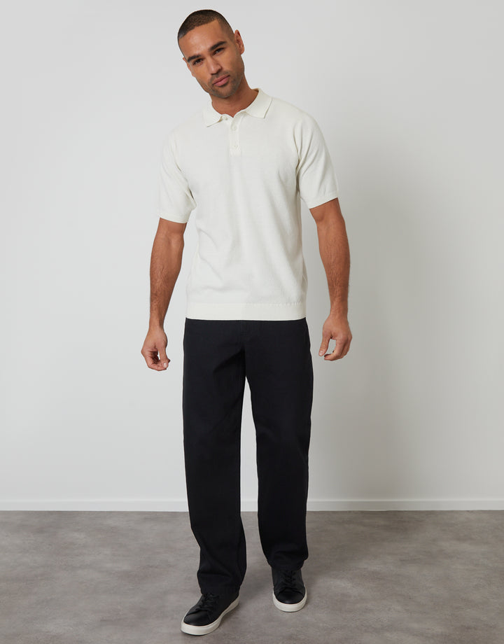 Threadbare Moss Stitch Knitted Polo in Ecru - full body