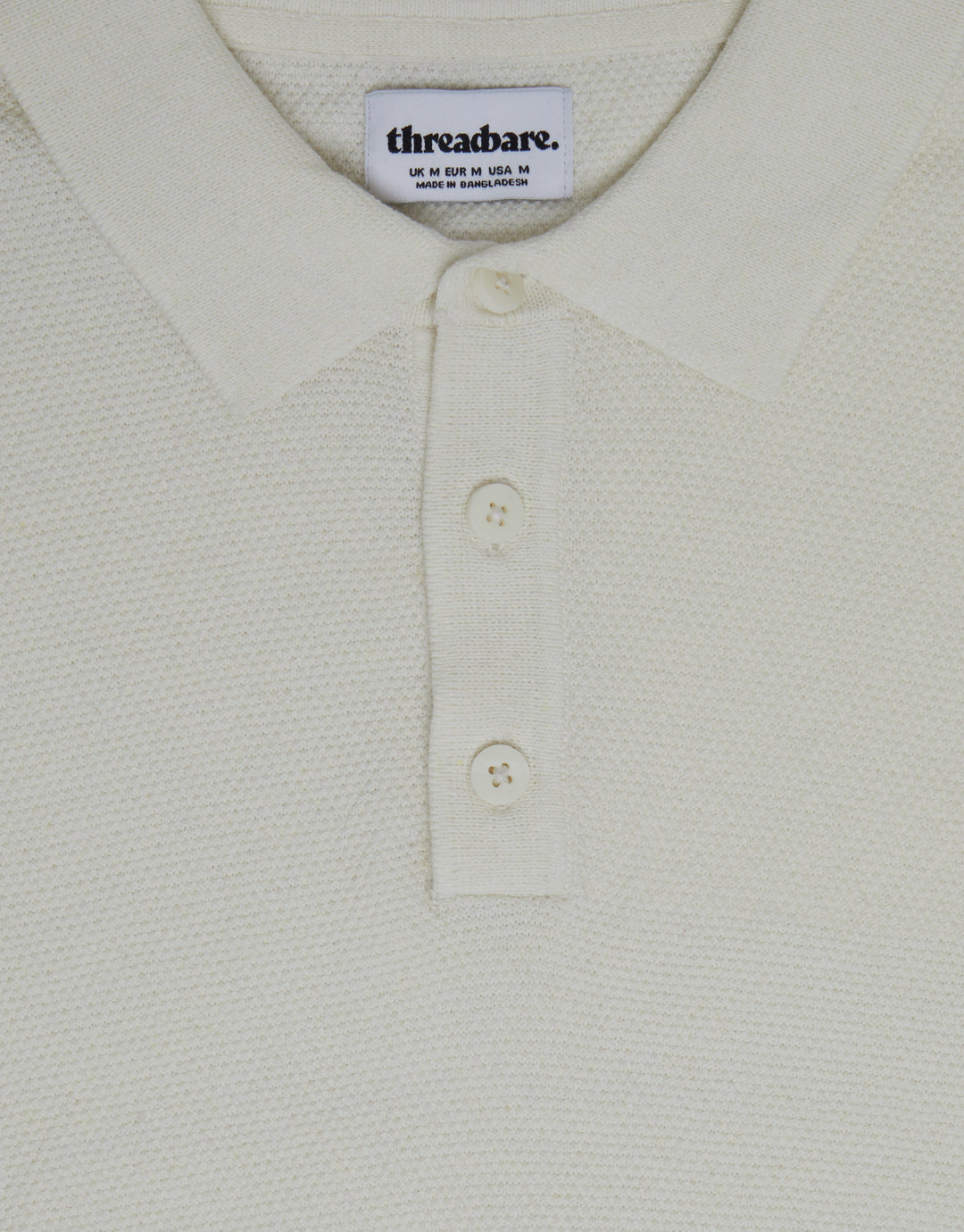 Threadbare Moss Stitch Knitted Polo in Ecru - fabric & buttons close up