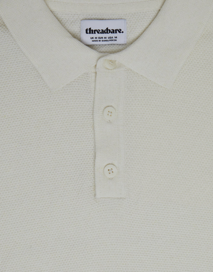 Threadbare Moss Stitch Knitted Polo in Ecru - fabric & buttons close up