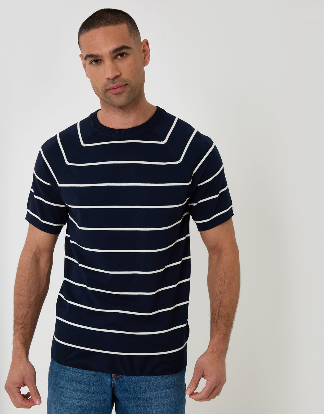Threadbare Textured Stripe Knitted T-Shirt in Navy - front view