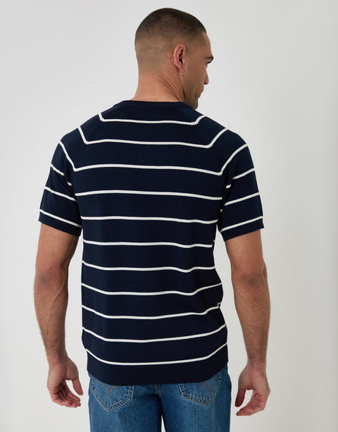 Threadbare Textured Stripe Knitted T-Shirt in Navy - back view