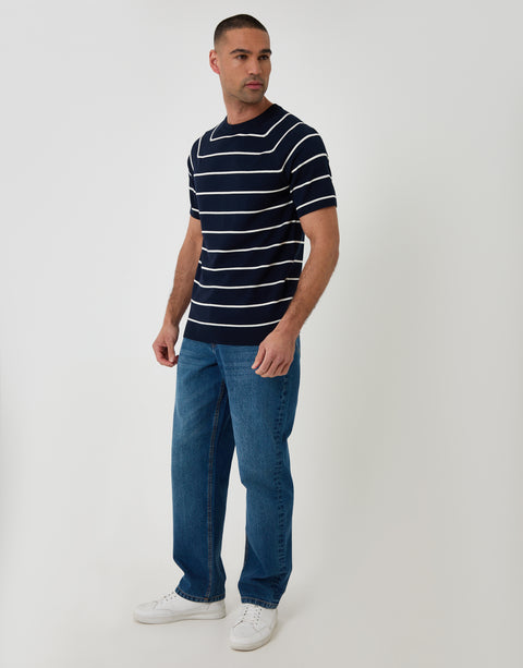 Threadbare Textured Stripe Knitted T-Shirt in Navy - full body