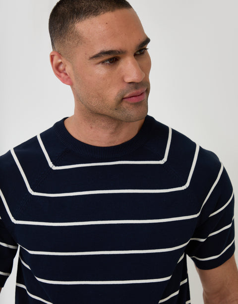 Threadbare Textured Stripe Knitted T-Shirt in Navy - front view close up