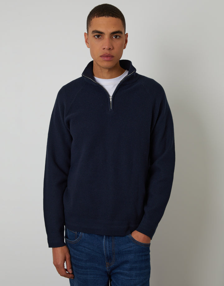 Navy Waffle Knit Raglan Quarter Zip Jumper