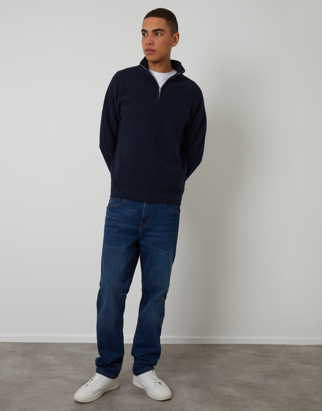 Navy Waffle Knit Raglan Quarter Zip Jumper