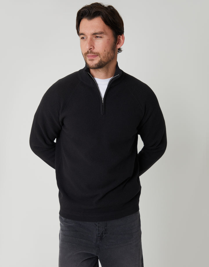 Black Waffle Knit Raglan Quarter Zip Jumper