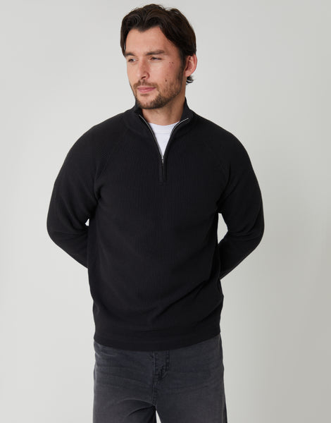 Threadbare Men's Black Waffle Knit Raglan Quarter Zip Jumper
