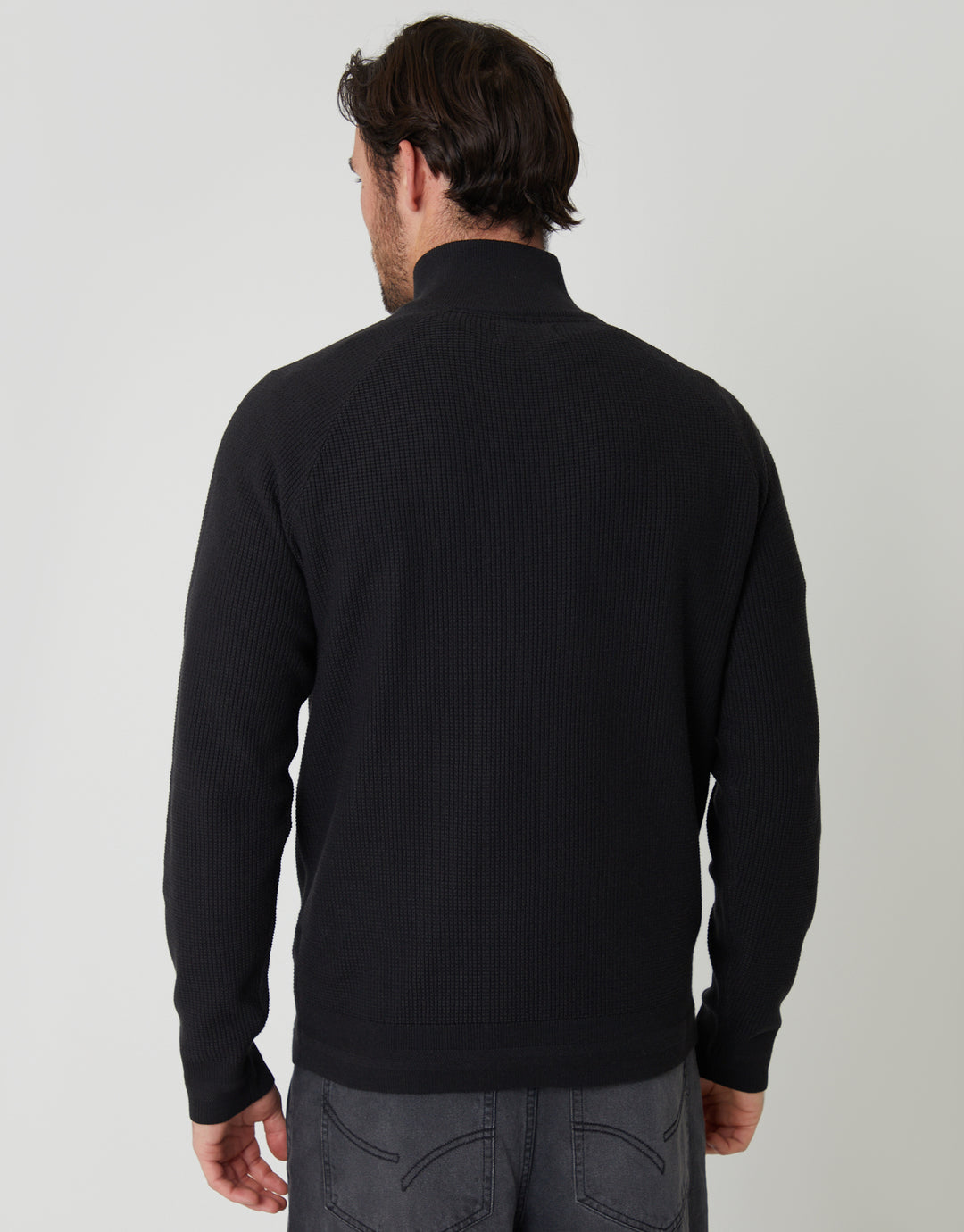 Black Waffle Knit Raglan Quarter Zip Jumper
