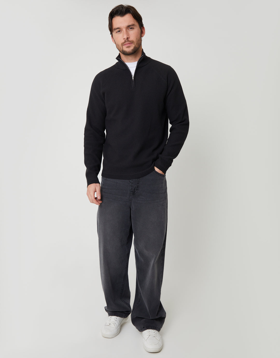 Black Waffle Knit Raglan Quarter Zip Jumper