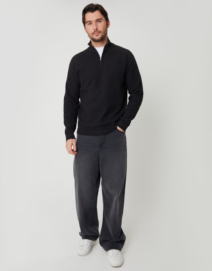 Black Waffle Knit Raglan Quarter Zip Jumper