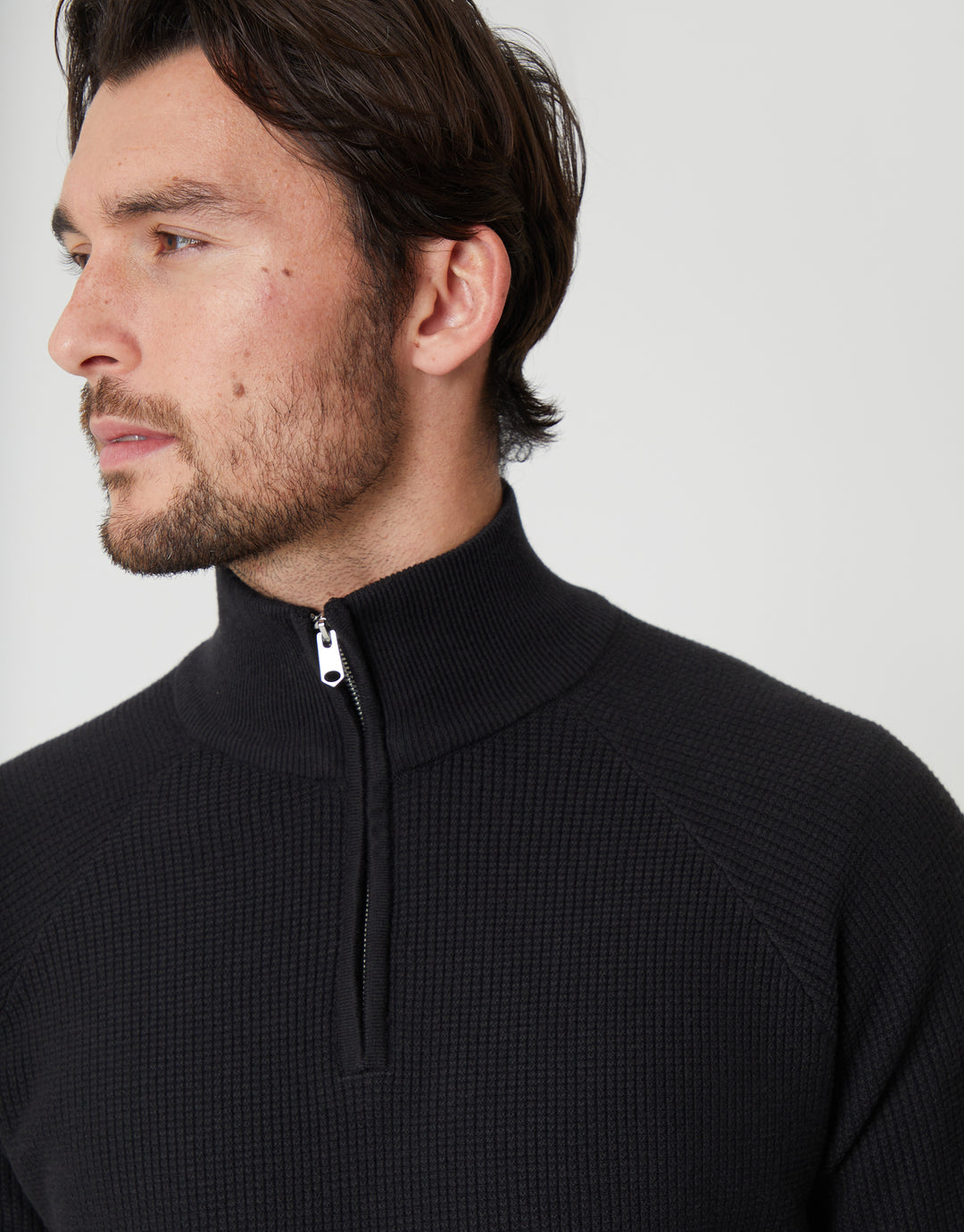 Black Waffle Knit Raglan Quarter Zip Jumper