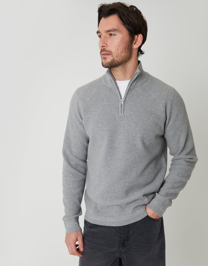 Grey Marl Waffle Knit Raglan Quarter Zip Jumper