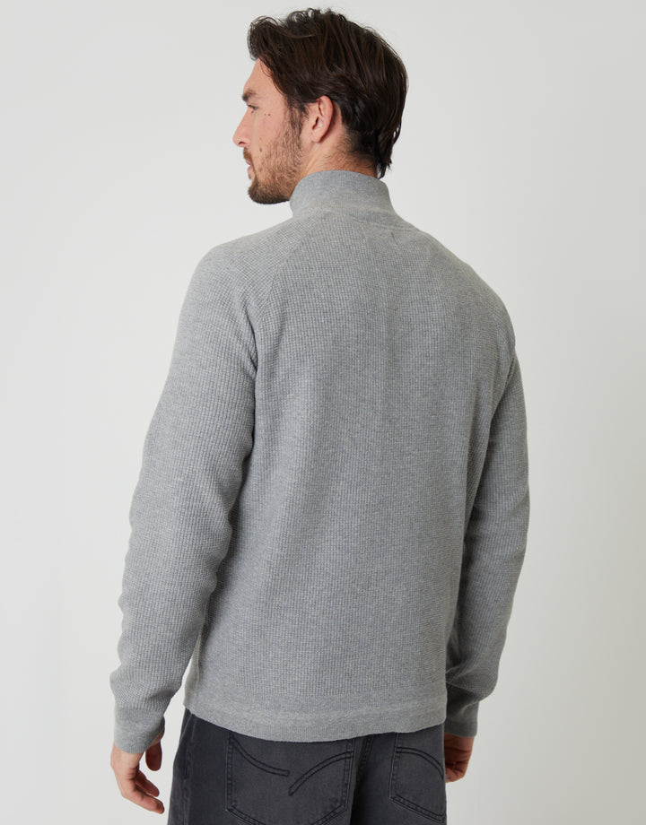 Grey Marl Waffle Knit Raglan Quarter Zip Jumper