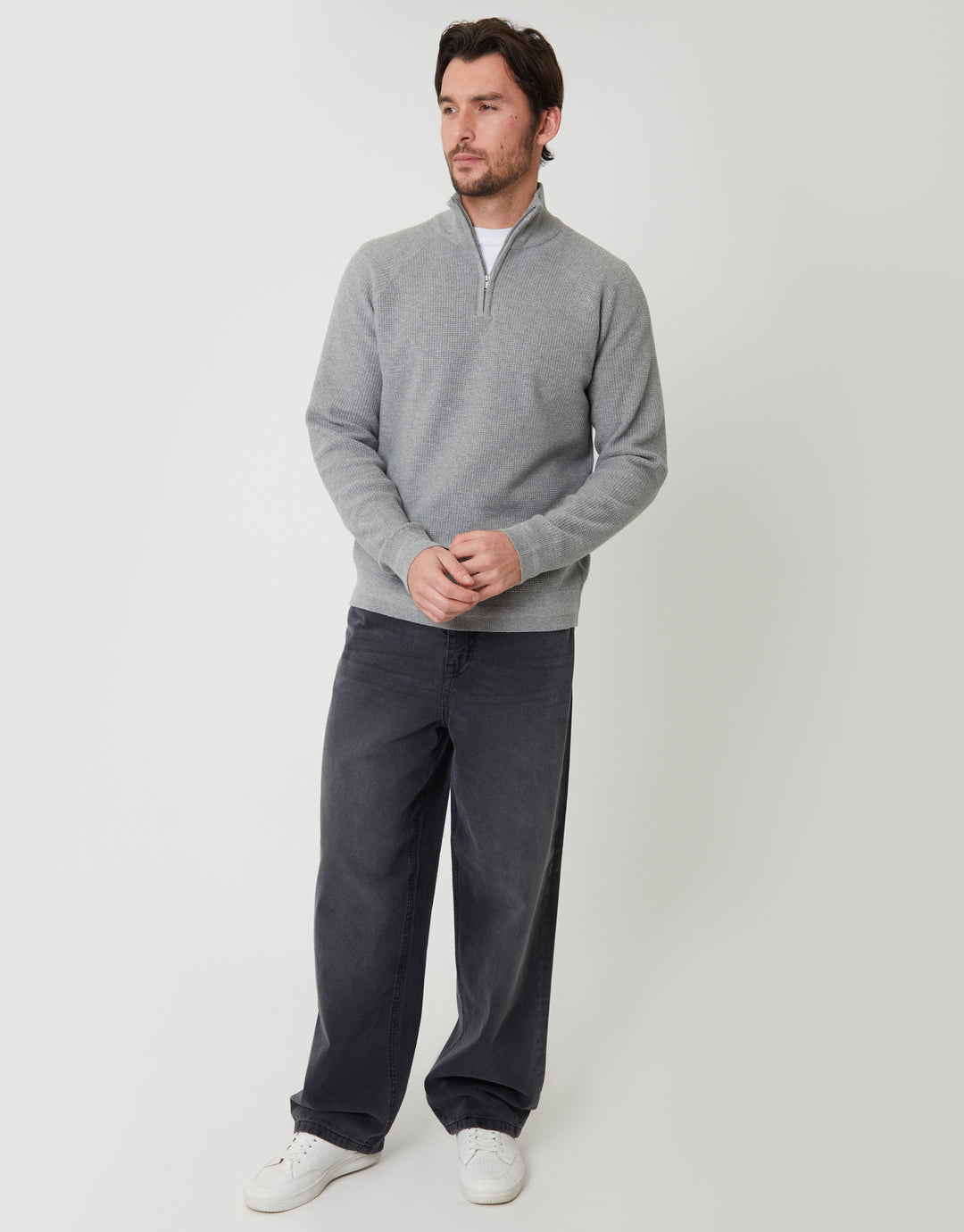 Grey Marl Waffle Knit Raglan Quarter Zip Jumper