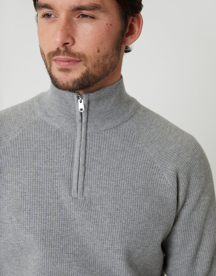 Grey Marl Waffle Knit Raglan Quarter Zip Jumper