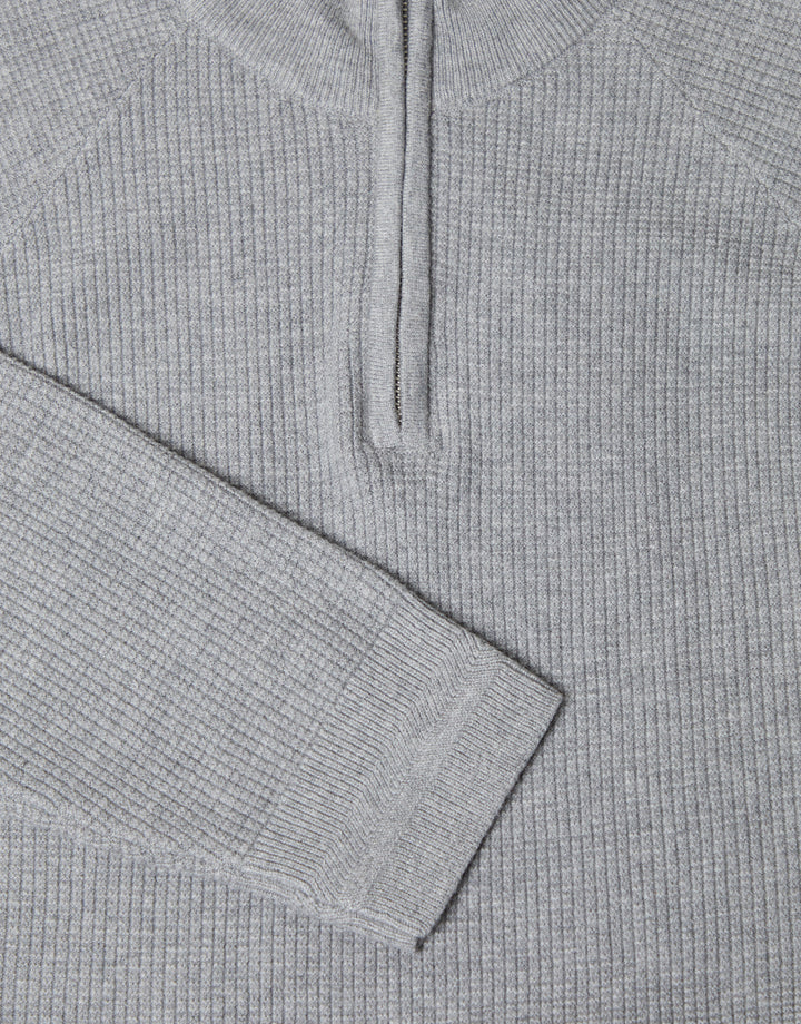 Grey Marl Waffle Knit Raglan Quarter Zip Jumper