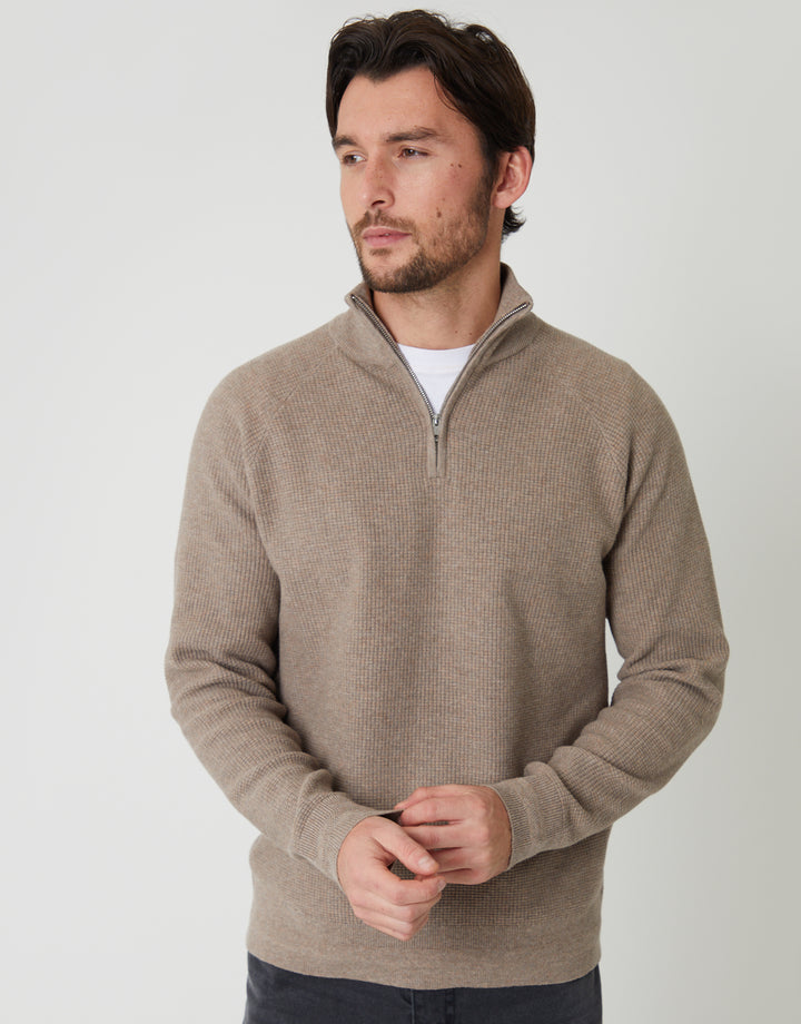 Taupe Marl Waffle Knit Raglan Quarter Zip Jumper