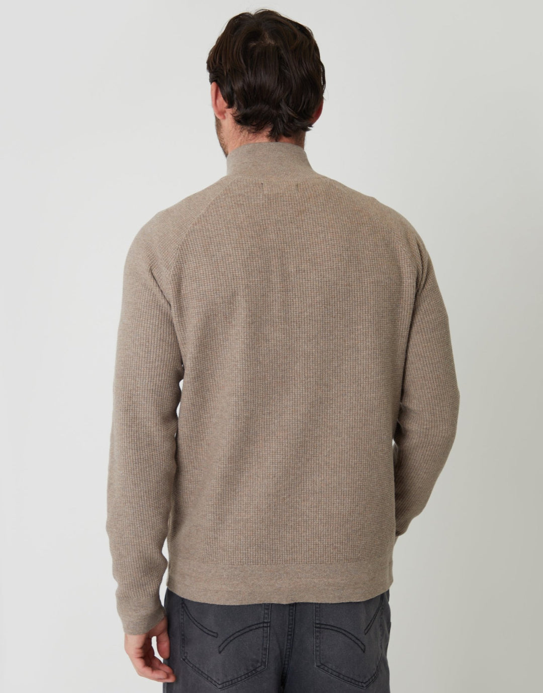 Threadbare Shaw Threadbare Men's Taupe Marl Waffle Knit Raglan Quarter Zip Jumper