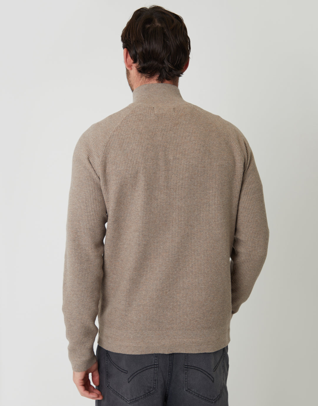 Taupe Marl Waffle Knit Raglan Quarter Zip Jumper