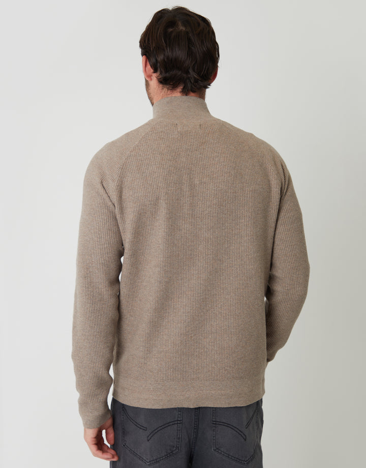 Taupe Marl Waffle Knit Raglan Quarter Zip Jumper