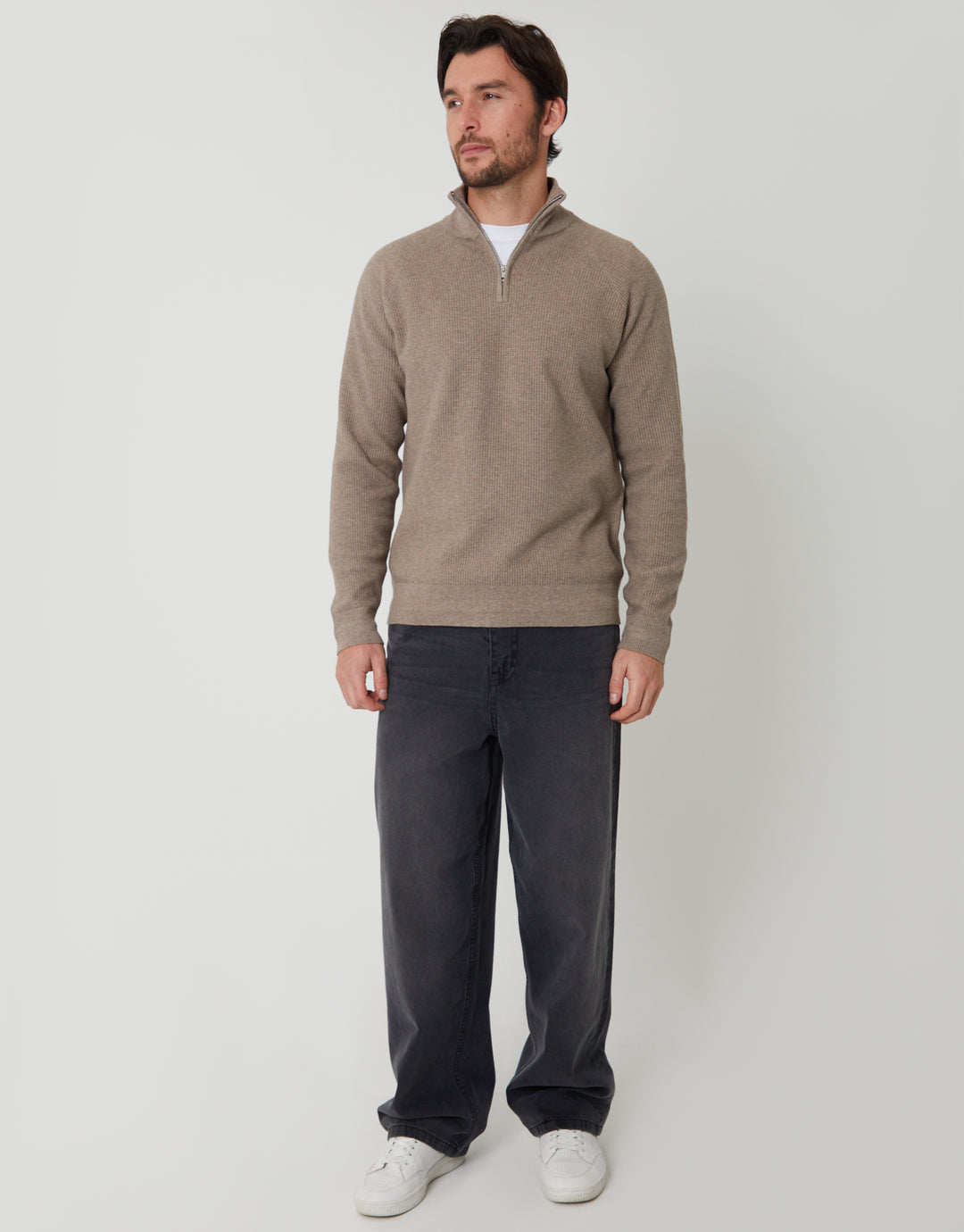 Taupe Marl Waffle Knit Raglan Quarter Zip Jumper