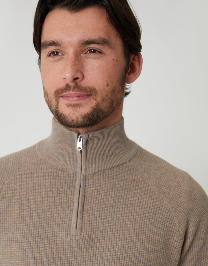 Taupe Marl Waffle Knit Raglan Quarter Zip Jumper