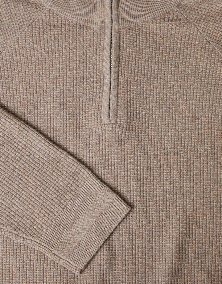 Taupe Marl Waffle Knit Raglan Quarter Zip Jumper
