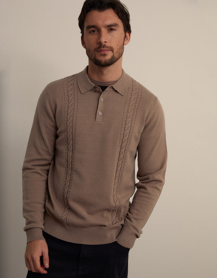 Taupe Cable Knit Long Sleeve Polo Jumper