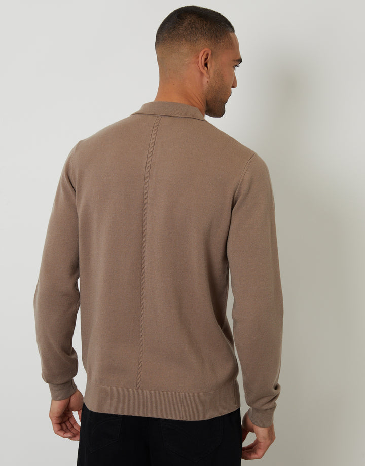 Taupe Cable Knit Long Sleeve Polo Jumper