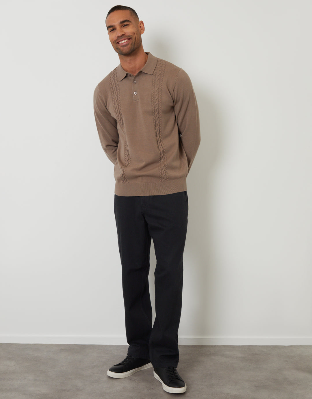Taupe Cable Knit Long Sleeve Polo Jumper