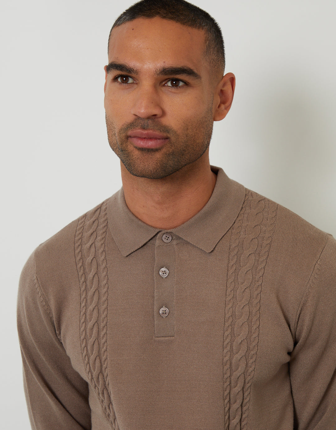 Taupe Cable Knit Long Sleeve Polo Jumper