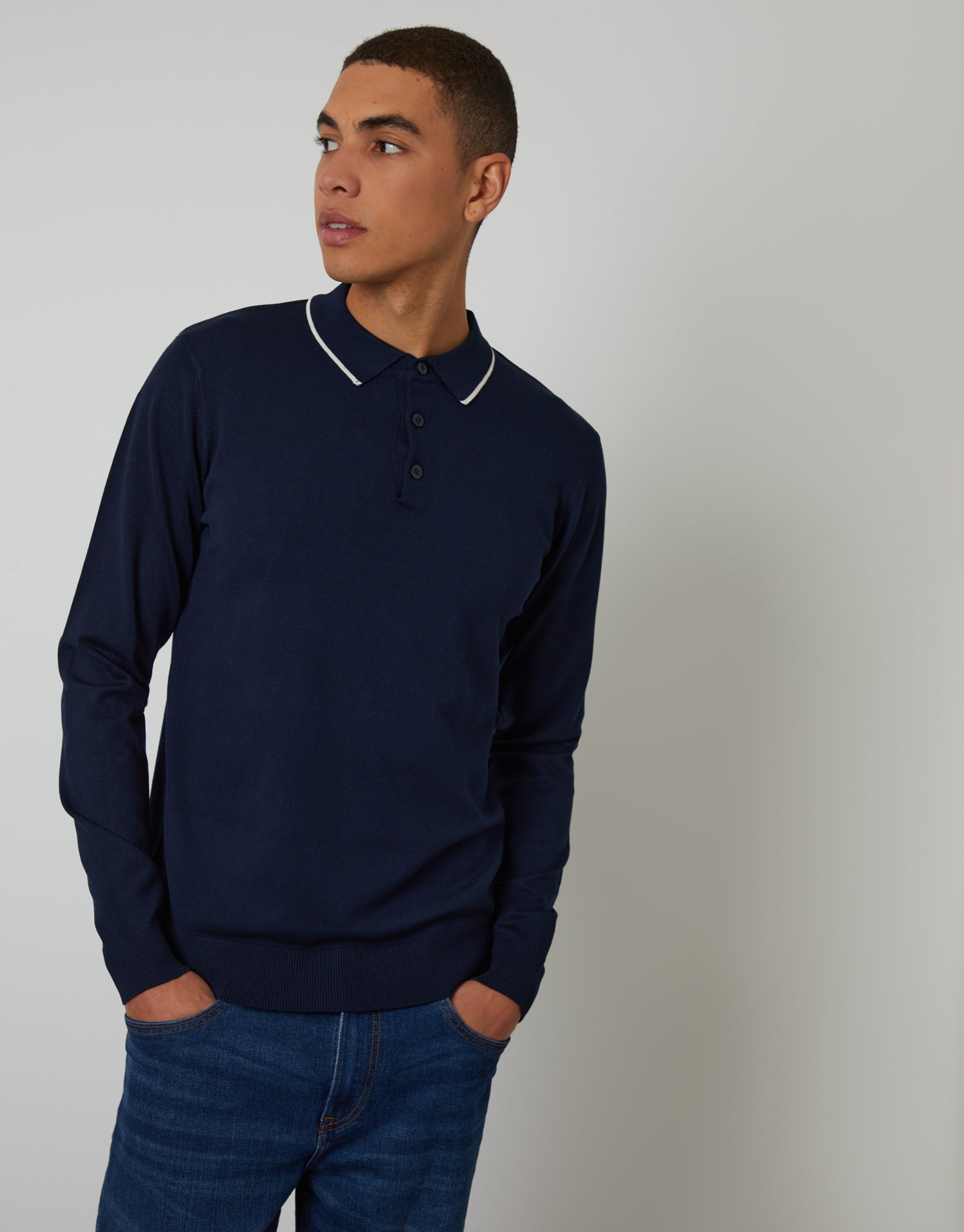 Cable Knit Long Sleeve Polo Jumper in Navy