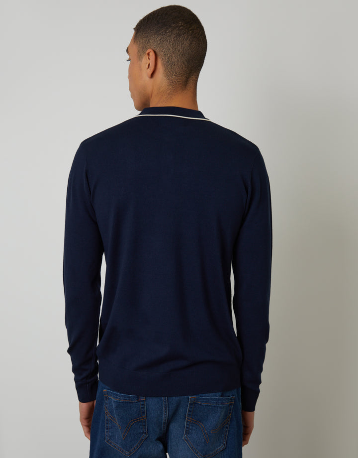 Navy Cable Knit Long Sleeve Polo Jumper