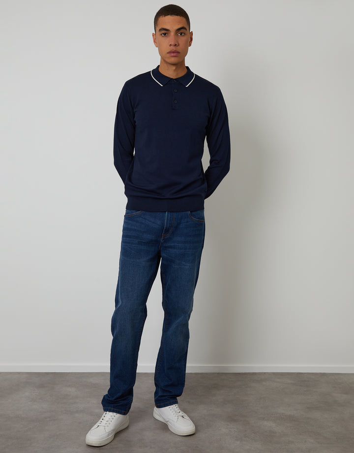 Navy Cable Knit Long Sleeve Polo Jumper