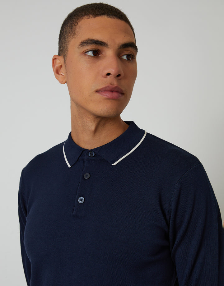 Navy Cable Knit Long Sleeve Polo Jumper