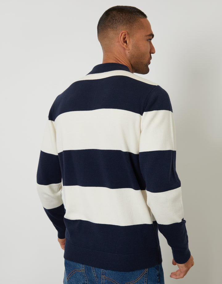 Navy Knitted Long Sleeve Rugby Polo