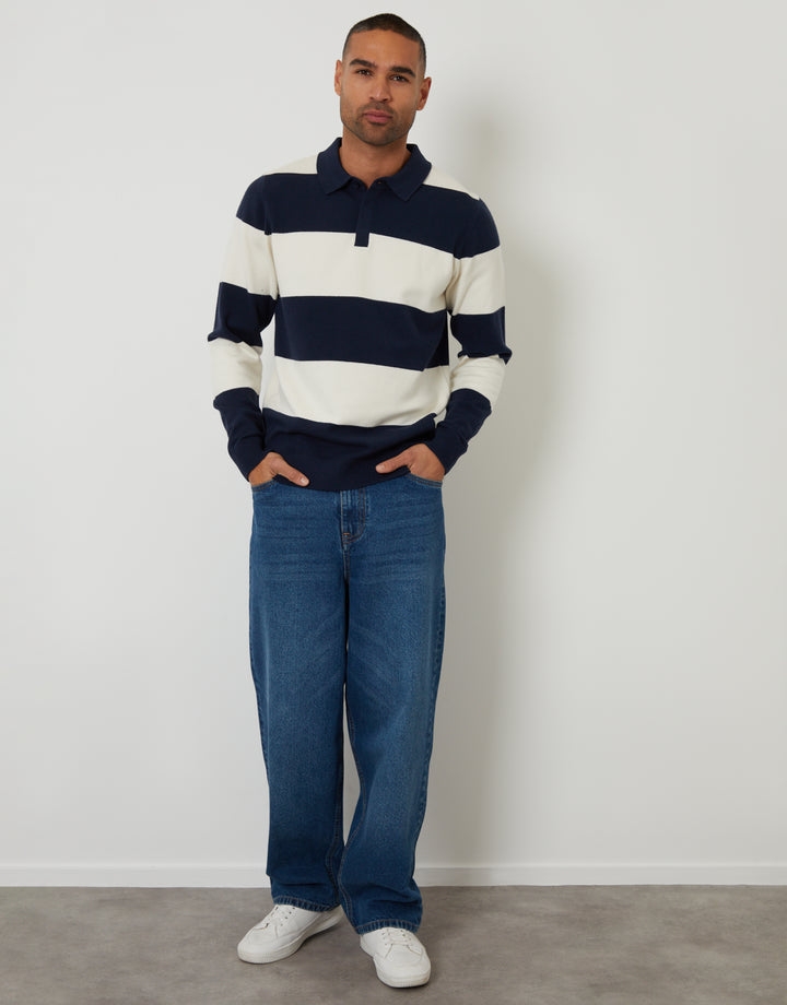 Navy Knitted Long Sleeve Rugby Polo