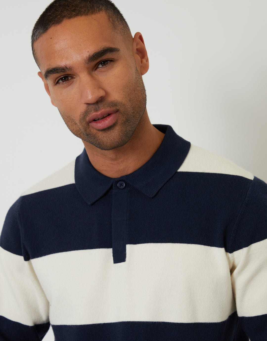 Navy Knitted Long Sleeve Rugby Polo