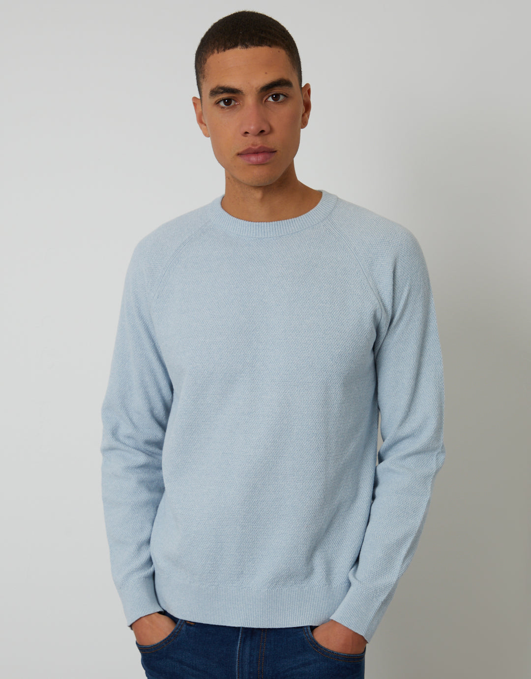 Threadbare Raglan Knitted Crew Neck Jumper in Light Blue Marl - front view