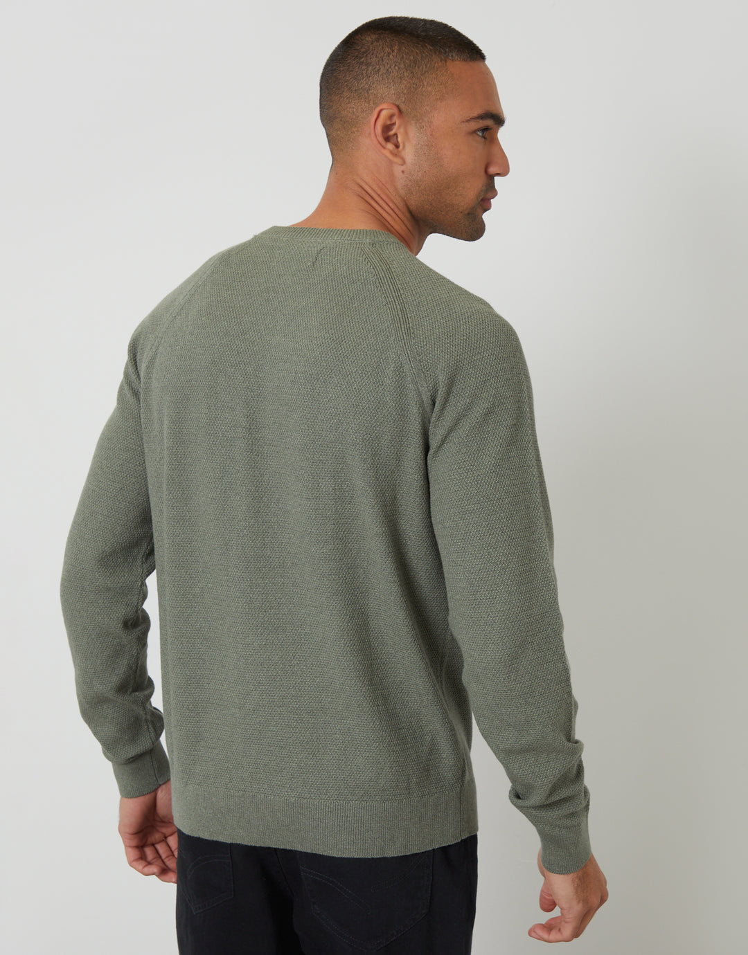 Threadbare Raglan Knitted Crew Neck Jumper in Green Marl - back view