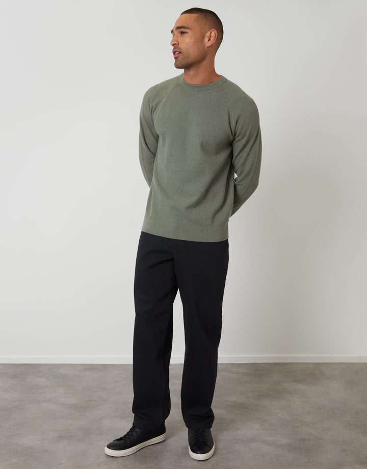 Threadbare Raglan Knitted Crew Neck Jumper in Green Marl - full body